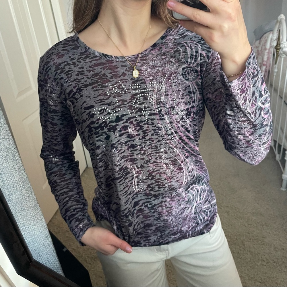 Purple 90s Abstract Overlay Long Sleeve Top